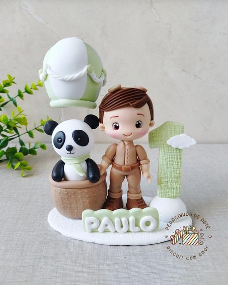 Topo de Bolo Personalizado Vela Biscuit Ursinho Baloeiro