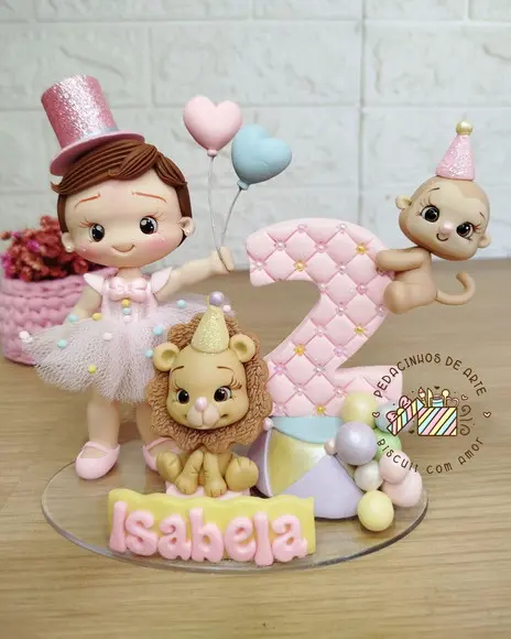 Topo de Bolo Personalizado Vela Biscuit Circo Rosa