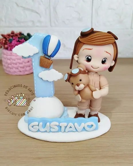 Topo de Bolo Personalizado Vela Biscuit Ursinho Baloeiro