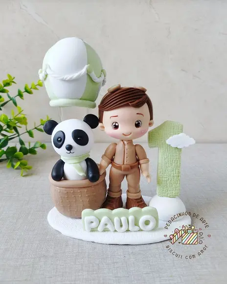 Topo de Bolo Personalizado Vela Biscuit Ursinho Baloeiro