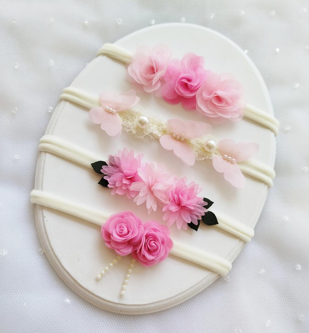 Kit Faixinhas de Bebê Luxo Rosa com Flores e Pérolas | Faixa de