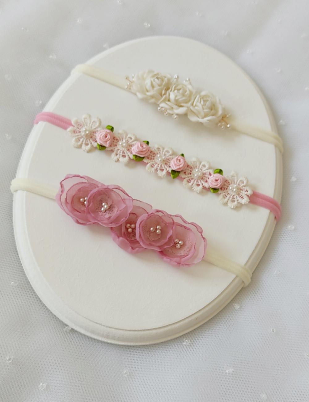 Kit Faixa de Cabelo para Bebê Menina Floral Rosa e Off White | F