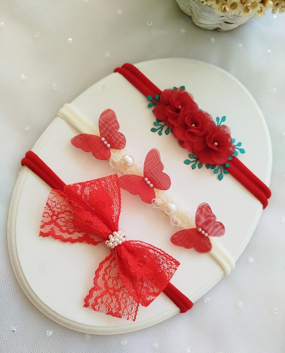 Kit 3 Faixinhas para Bebê Vermelho Luxo – Meia de Seda Macia |