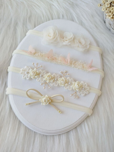 Kit 4 Faixas Tiara de Cabelo para Bebê Macias Off White