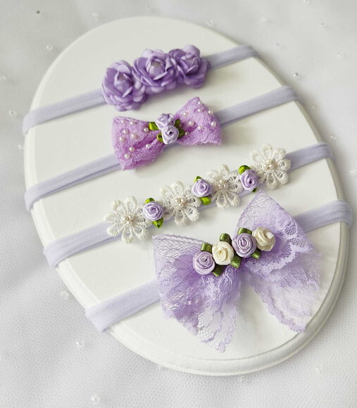 Kit Faixinhas Lilás para Bebê Tiara Meia de Seda Artesanal