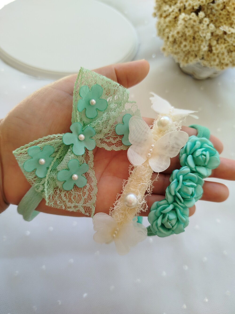 Kit 3 Faixas de Cabelo Bebê Tiara RN Verde Água