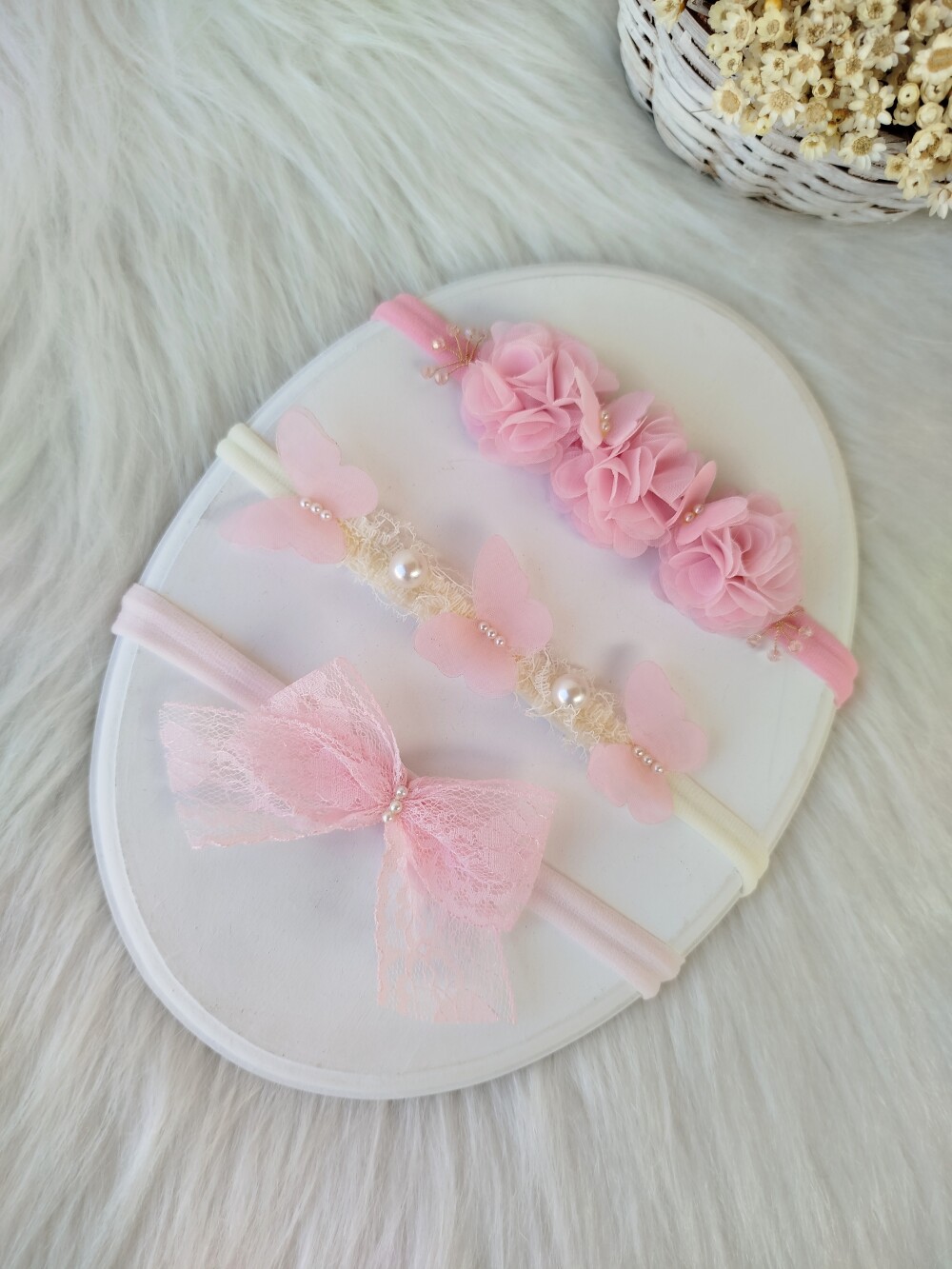 Faixa Cabelo Rn Lacinho Bebê Kit 3 Unidades Cor Rosa