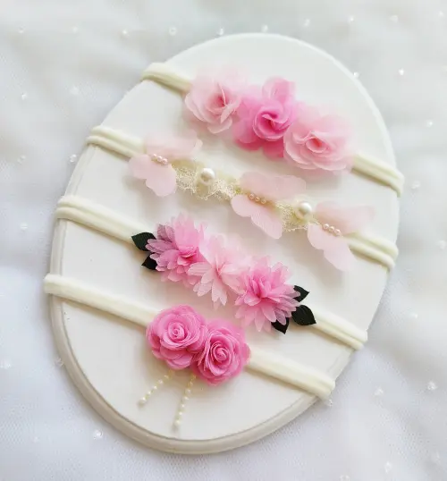 Kit Faixinhas de Bebê Luxo Rosa com Flores e Pérolas | Faixa de Meia de Seda para Recém-Nascida Infantil