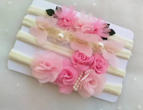 Kit Faixinhas de Bebê Luxo Rosa com Flores e Pérolas | Faixa de