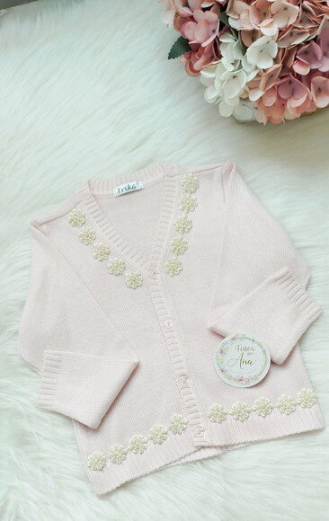Casaquinho Infantil de Tricô Rosa Bebê com Pérolas