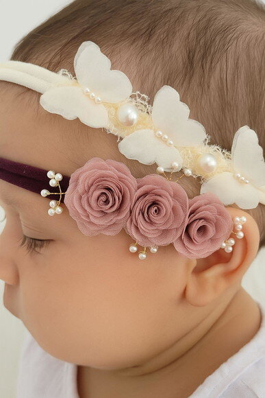 Kit 2 Faixas de Cabelo para Bebê Flores,borboletas e Pérolas
