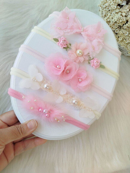 Kit 5 Faixinhas de Cabelo para Bebê Rn Rosa e Off White