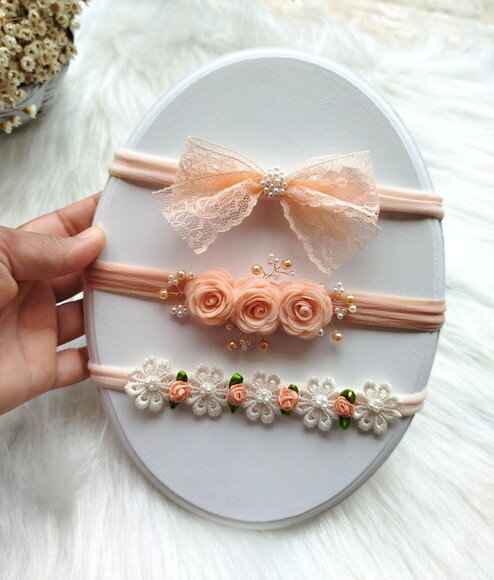 Kit Faixa de Cabelo Bebe Lacinho Delicado Pérolas Floral