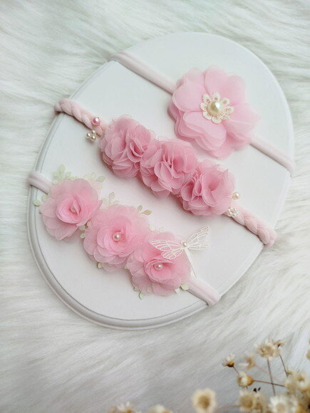 Kit Faixa de Cabelo Bebê Tiara Cor Rosa 3 Unidades