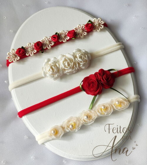 Tiara e Faixa Vermelha para Bebê Kit com Flores e Pérolas
