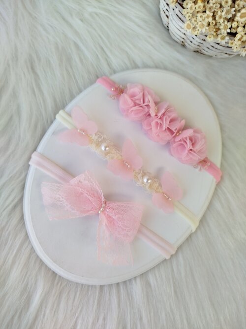 Faixa Cabelo Rn Lacinho Bebê Kit 3 Unidades Cor Rosa
