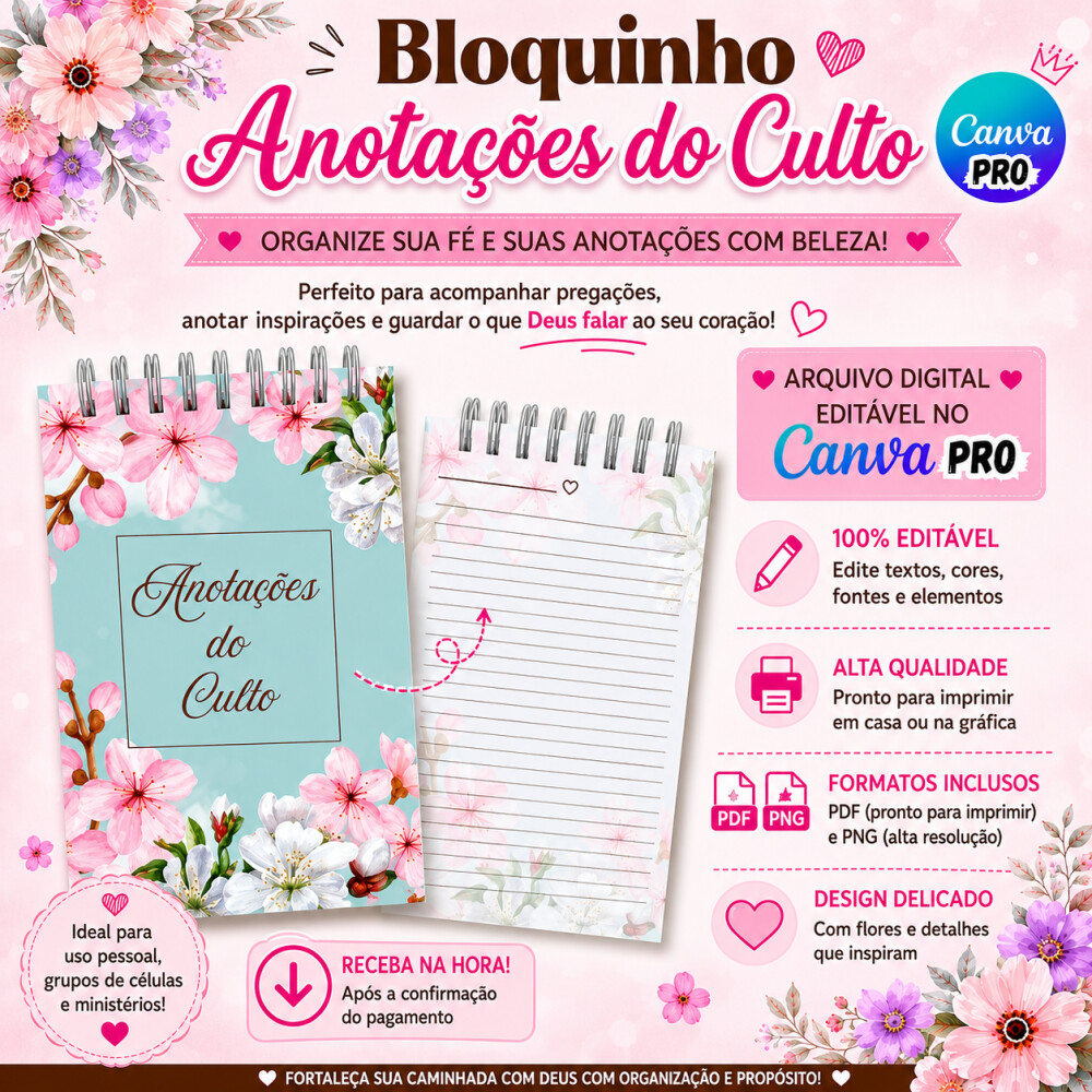 Bloquinho de Anotações de Culto - Editável no Canva Pro
