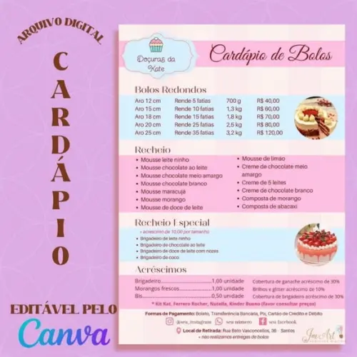 Cardápio de Bolos #1 Editável no Canva