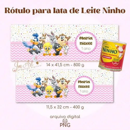 Rótulos para Lata de Leite Ninho Looney Tunes Baby Menina ( Arquivo Digital)