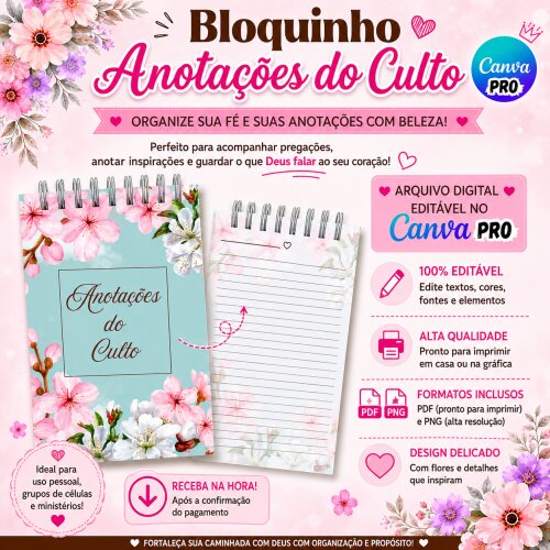 Bloquinho de Anotações de Culto - Editável no Canva Pro