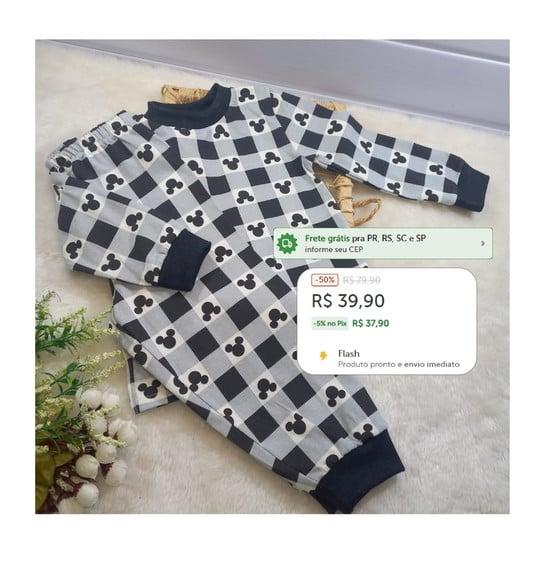 Pijama Infantil Malha Algodão Longo de Frio Inverno Mickey 1