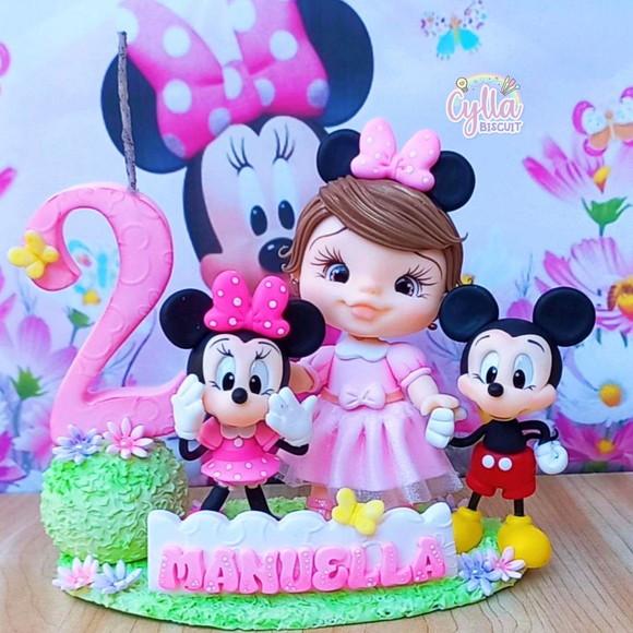 Topo de Bolo Personalizado Minnie e Mickey em Biscuit