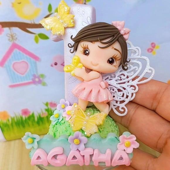 Vela Jardim Fada Rosa em Biscuit