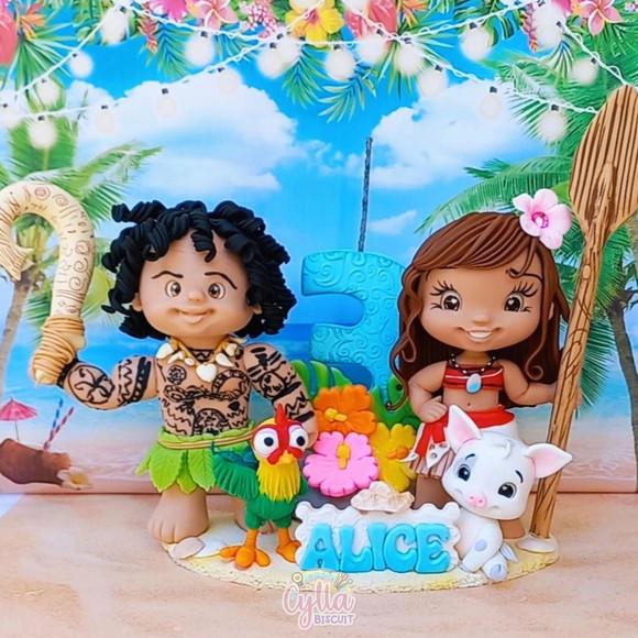 Vela Topo de Bolo Moana e Maui em Biscuit