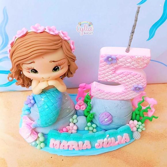 Vela Topo de Bolo Personalizado Sereia Biscuit