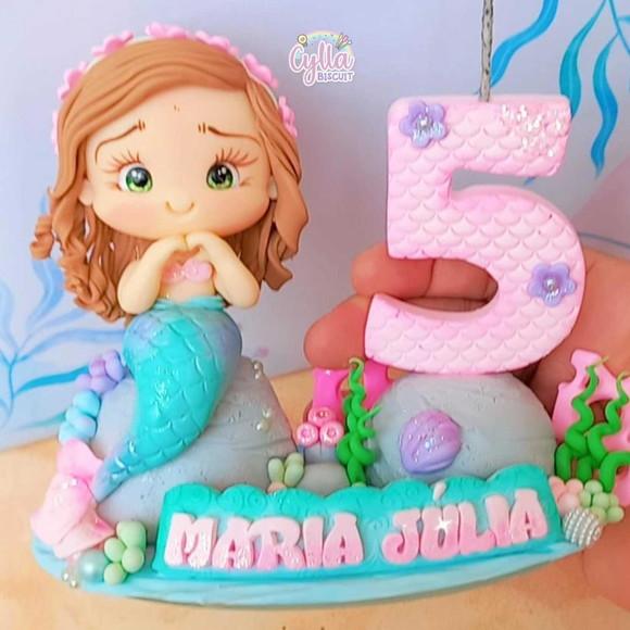 Vela Topo de Bolo Personalizado Sereia Biscuit