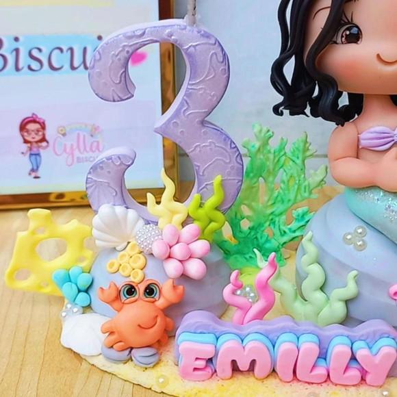 Vela Topo de Bolo Personalizado Sereia Biscuit