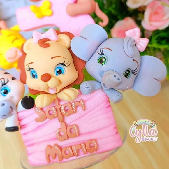 Vela Topo de Bolo Safari em Biscuit Menina
