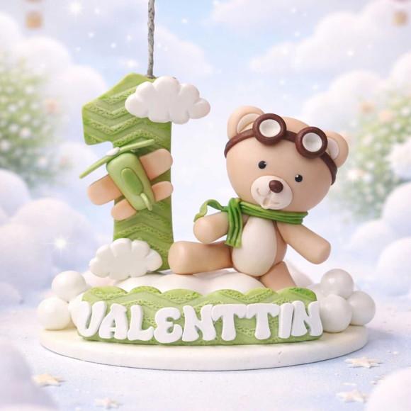 Vela Topo de Bolo Urso Baloeiro Aviador em Biscuit