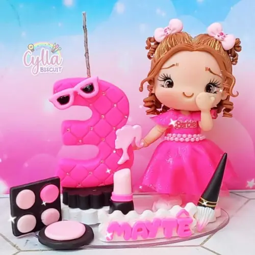 Topo de Bolo Barbie Maquiagem Biscuit