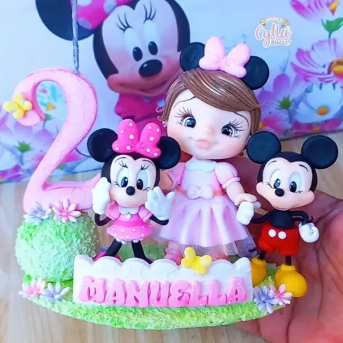 Topo de Bolo Personalizado Minnie e Mickey em Biscuit