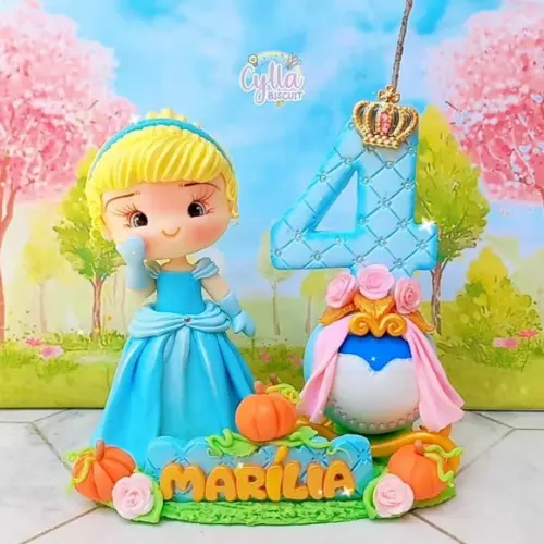 Topo de Bolo Vela Princesa Cinderela de Biscuit