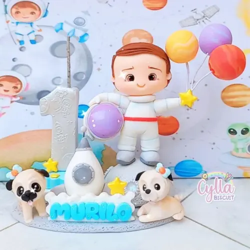 Vela Topo de Bolo Astronauta em Biscuit