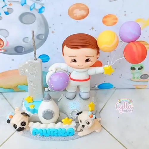 Vela Topo de Bolo Astronauta em Biscuit