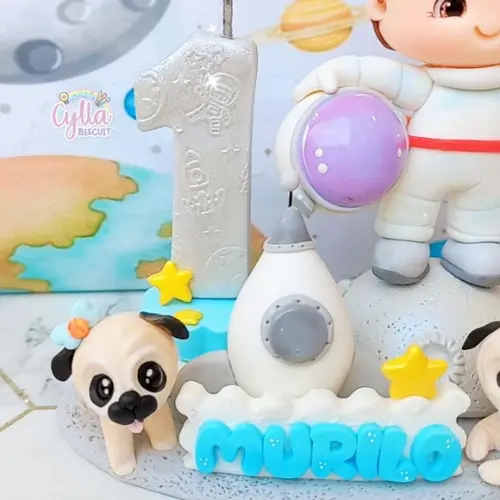 Vela Topo de Bolo Astronauta em Biscuit