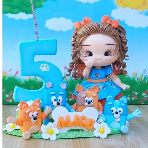 Vela Topo de Bolo Bluey e Família em Biscuit