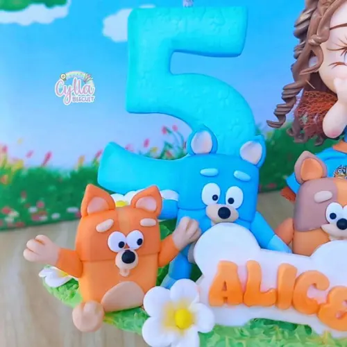 Vela Topo de Bolo Bluey e Família em Biscuit