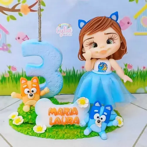 Vela Topo de Bolo Bluey e Pingo em Biscuit