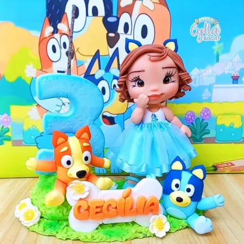 Vela Topo de Bolo Bluey e Pingo em Biscuit