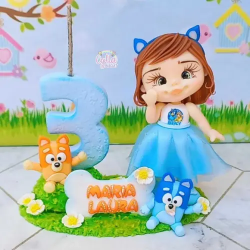 Vela Topo de Bolo Bluey e Pingo em Biscuit