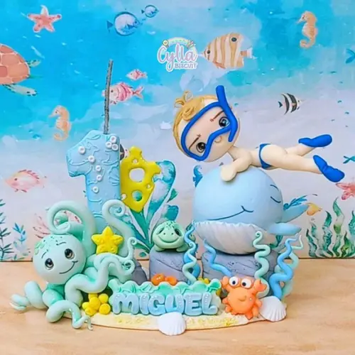 Vela Topo de Bolo Fundo do Mar em Biscuit
