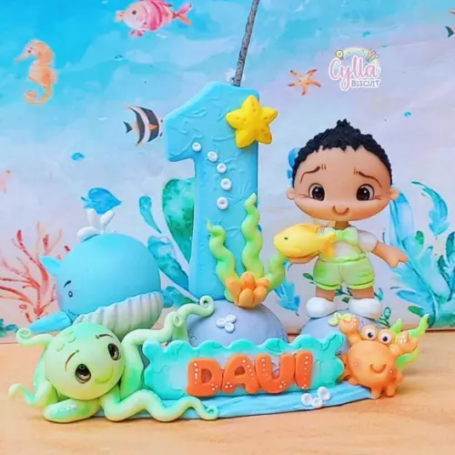 Vela Topo de Bolo Fundo do Mar em Biscuit