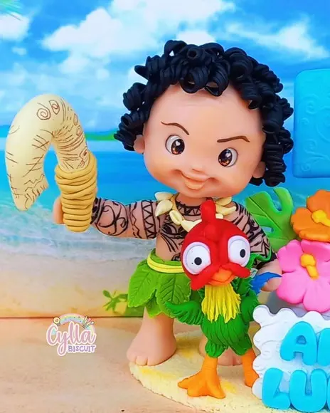 Vela Topo de Bolo Moana  e Maui em Biscuit