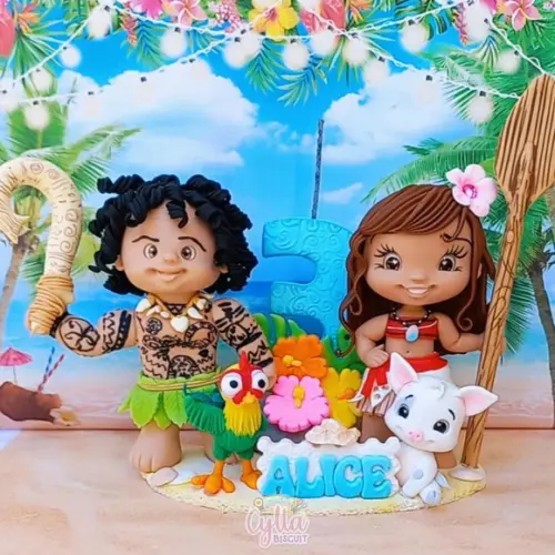 Vela Topo de Bolo Moana e Maui em Biscuit