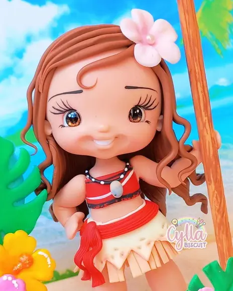 Vela Topo de Bolo Moana Hei -Hei em Biscuit