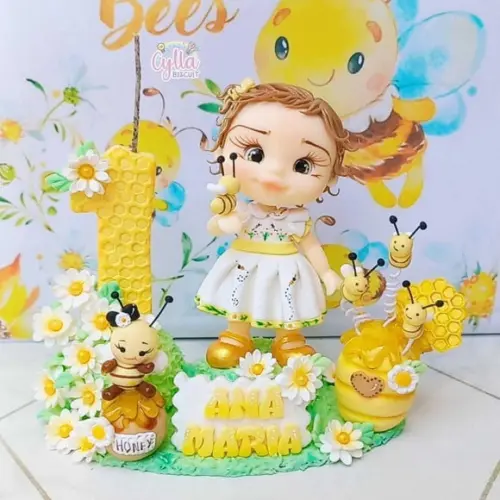 Vela Topo de Bolo Personalizado Abelha em Biscuit